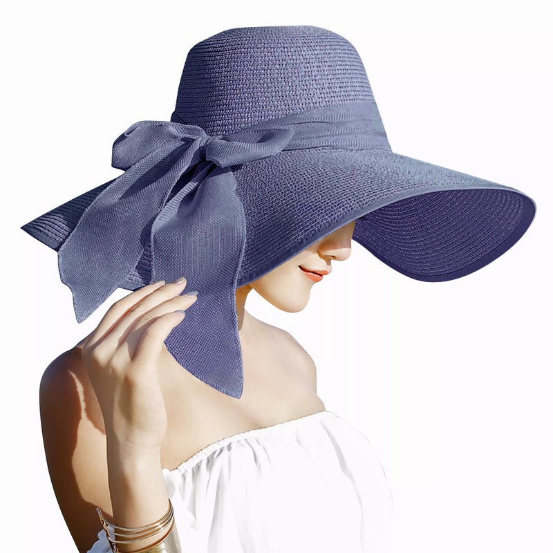 Lanzom Womens 5.7 Inches Big Bowknot Straw Hat Large Floppy Foldable Roll up Beach Cap Sun Hat UPF 50+ Fit Size 6 8/7-7 1/4(Navy Blue) - Image 1
